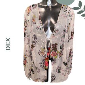 DEX Sheer Floral Open | Tie Front Tassel Top | Boho Romantic Vibes | Cream | 2X